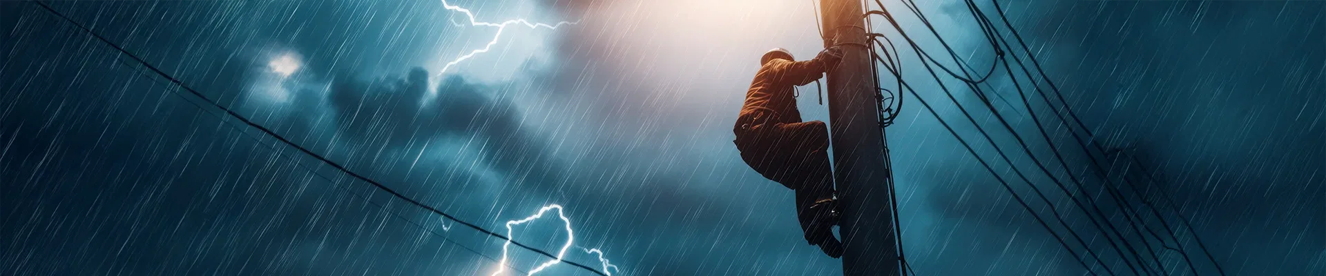 Lineman climbs a powerline during a storm