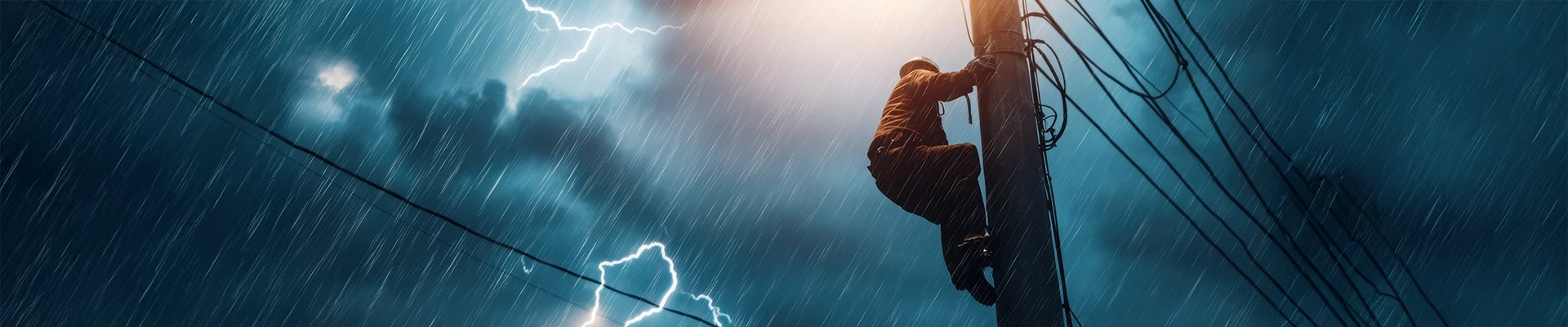 Lineman climbs a powerline during a storm